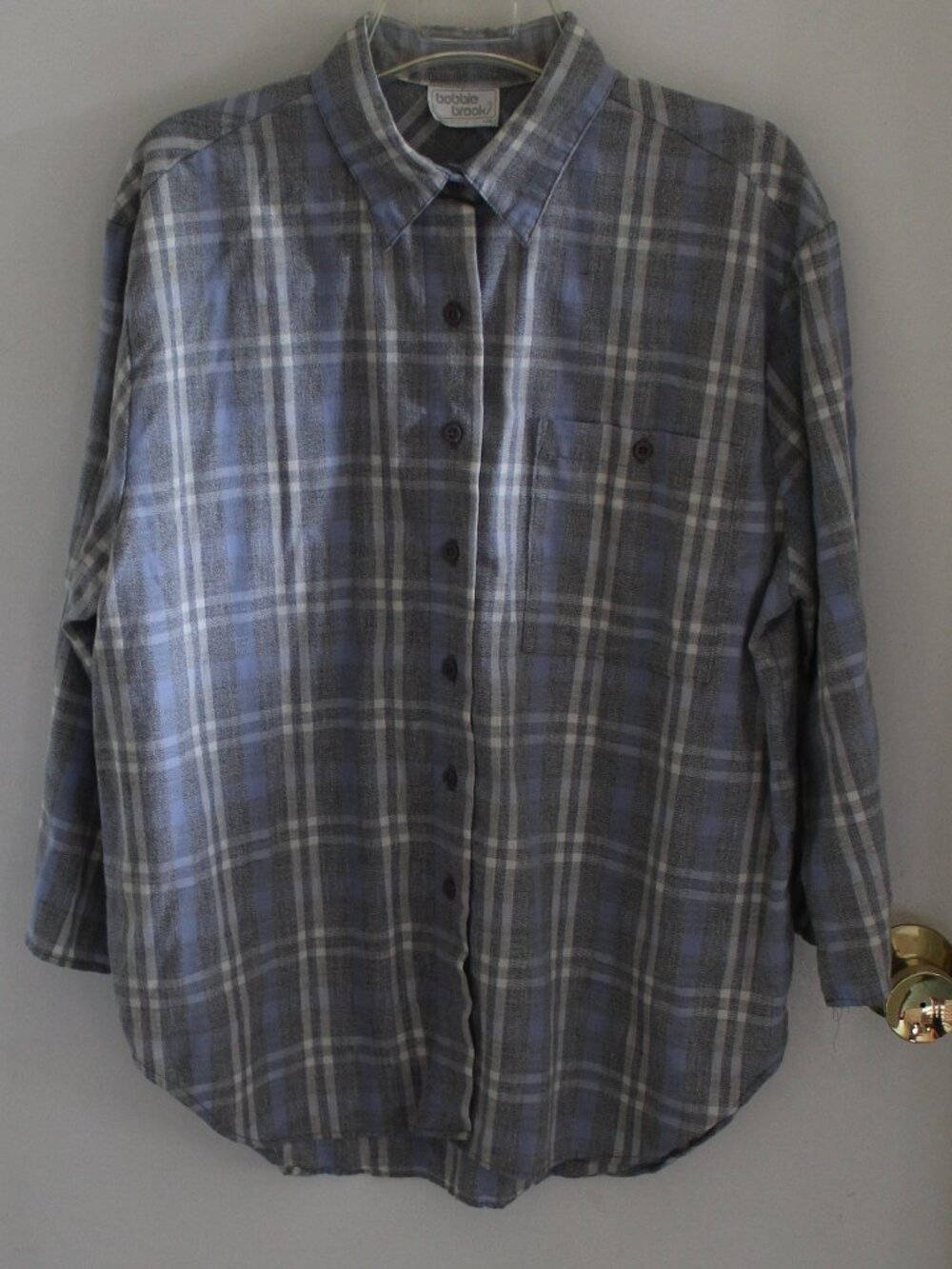Vintage Bobbie Brooks blue and grey plaid long-sleeve button-down shirt.